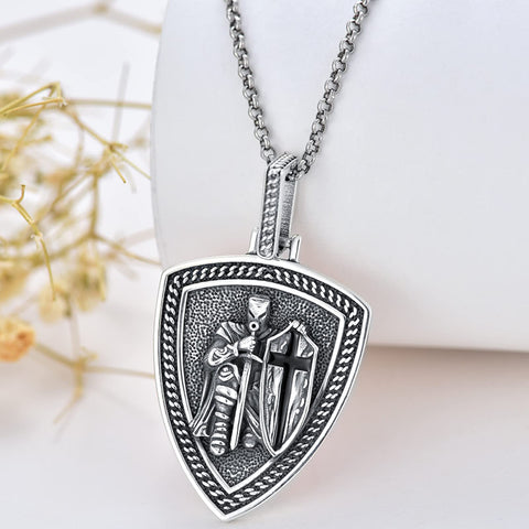 Sterling Silver Knights Templar & Cross Shield Pendant Necklace for Men