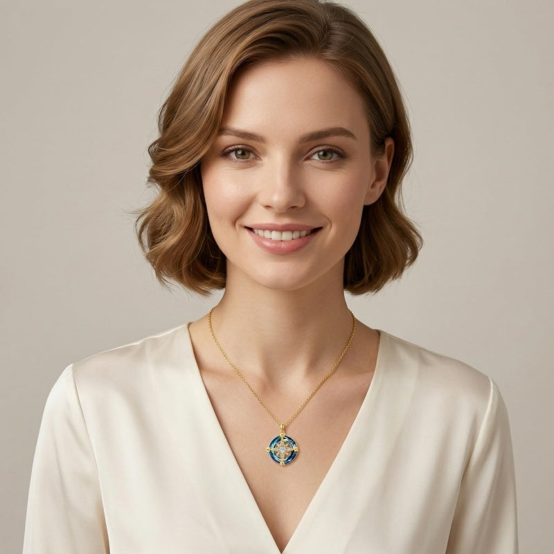 14K Gold Plated Crystal Compass Pendant Necklace Graduation Jewelry Inspirational Travel Valentine's Day Gift