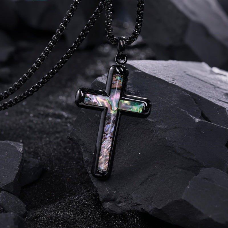 14K Gold Plated Wooden Abalone Shell Cross Pendant Necklacefor Men