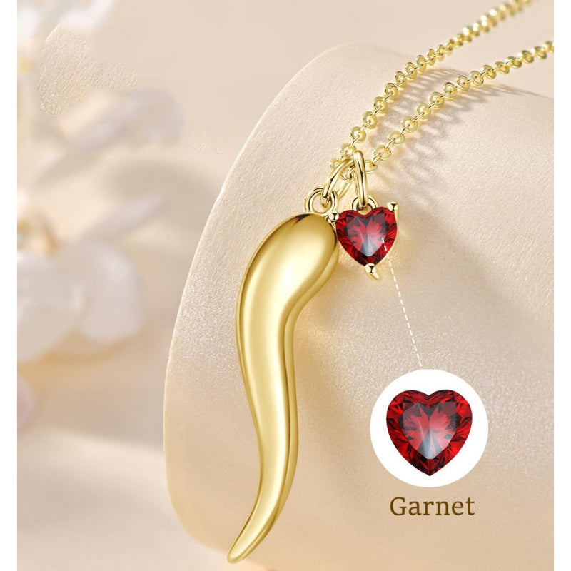 Heart Birthstone 14K Gold Plated Italian Horn Pendant Necklace Anniversary Birthday Gifts for Her