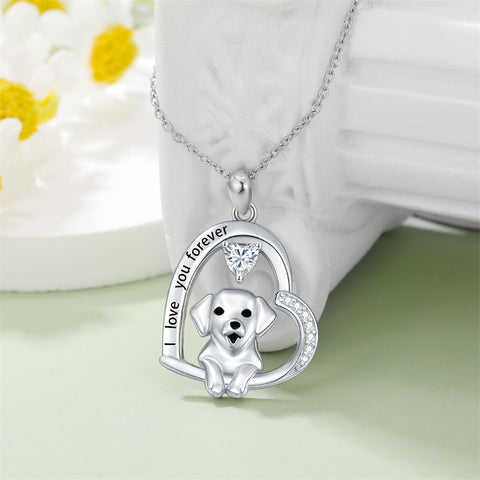 Sterling Silver Heart Birthstone Puppy Dog Pendant Necklace