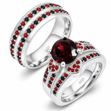 Sterling Silver 10K 14K 18K Gold Personalized Engraved  Halloween Dark Red Gemstone Couple Ring Set