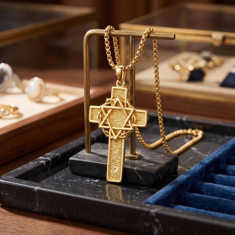 14K Gold Plated Cross Pendant Necklace for Men Religious Jewelry Christian Gift