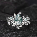 Sterling Silver Pear Natural Moss Agate Engagement Ring Set Wedding Ring