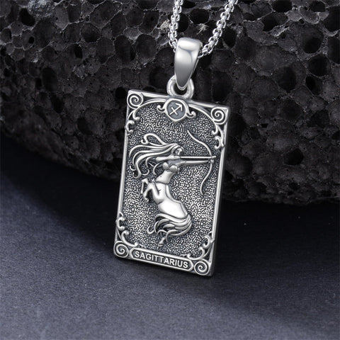 Sterling Silver Tarot Card 12 Zodiac Sign Pendant Necklace