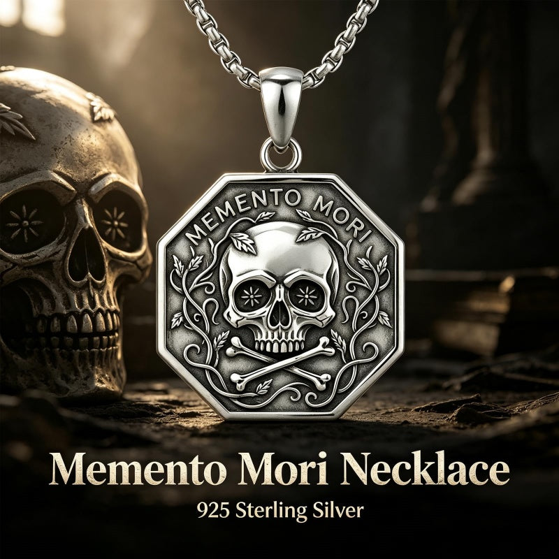 Sterling Silver Memento Mori Gothic Skull Amulet Pendant Necklace for Men