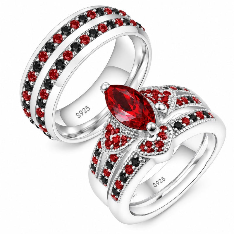 Sterling Silver 10K 14K 18K Gold Personalized Engraved  Halloween Dark Red Gemstone Couple Ring Set
