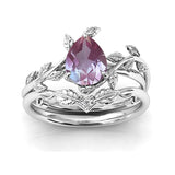 Sterling Silver 10K 14K 18K Gold 1ct Pear Shaped Gemstone Deco Vine Leaf Gemstone  Engagement Ring Wedding Ring Sets