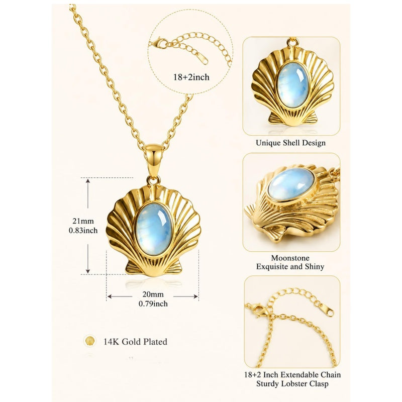 14K Gold Plated Moonstone Octopus Sea Turtle Conch Shell Starfish Seashell Ocean Necklace for Women