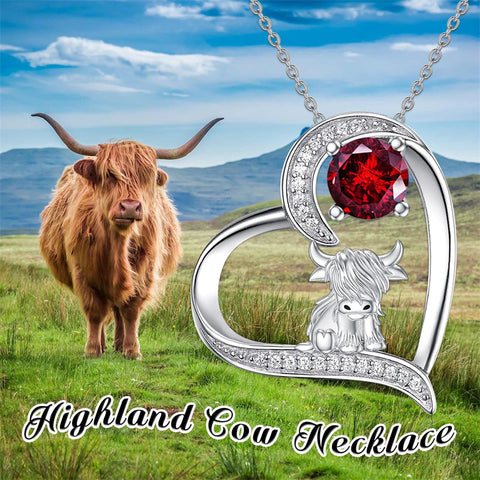 Sterling Silver 12 Months Birthstone Highland Cow Pendant Necklace