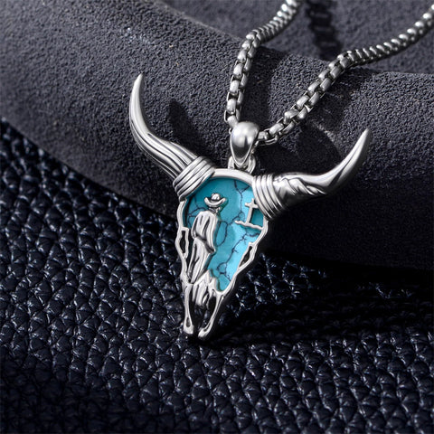 Sterling Silver Turquoise Cow Skull Pendant Necklace