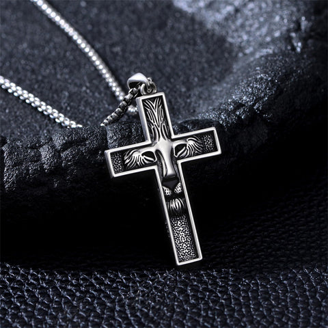 Sterling Silver Wooden Lion Orthodox Sword Wolf Cross Pendant Necklace