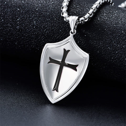 Sterling Silver Knights Templar & Cross Shield Pendant Necklace for Men