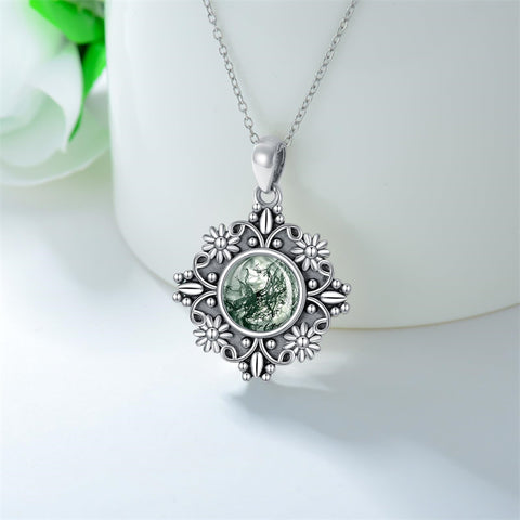 Sterling Silver Turquoise Moonstone Moss Agate Lapis Lazuli Daisy Pendant Necklace