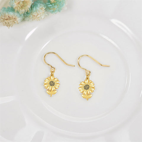 14k Yellow Gold Sunflower Dangle Earrings