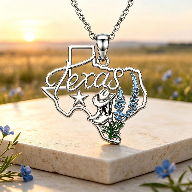 Sterling Silver  Bluebonnets Cow Skull Cowboy Hat Boot Cactus Cowgirl Texas Necklace Texas Necklace