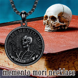 Sterling Silver Black Memento Mor Stoic Skull Coin Pendant Necklace