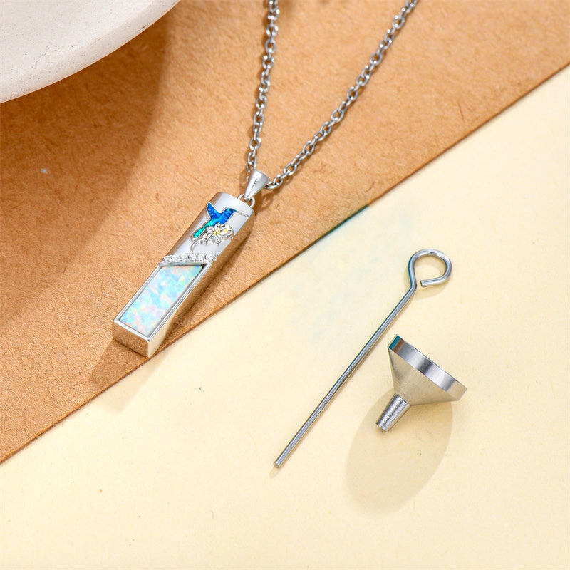 Sterling Silver  Opal Personalized Engraved Bar Pet  Butterfly Dragonfly Tree of Life  Urn Necklace for Ashes