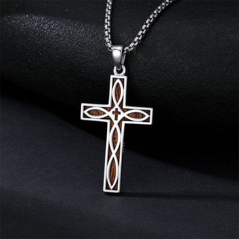 Sterling Silver Wooden Lion Orthodox Sword Wolf Cross Pendant Necklace