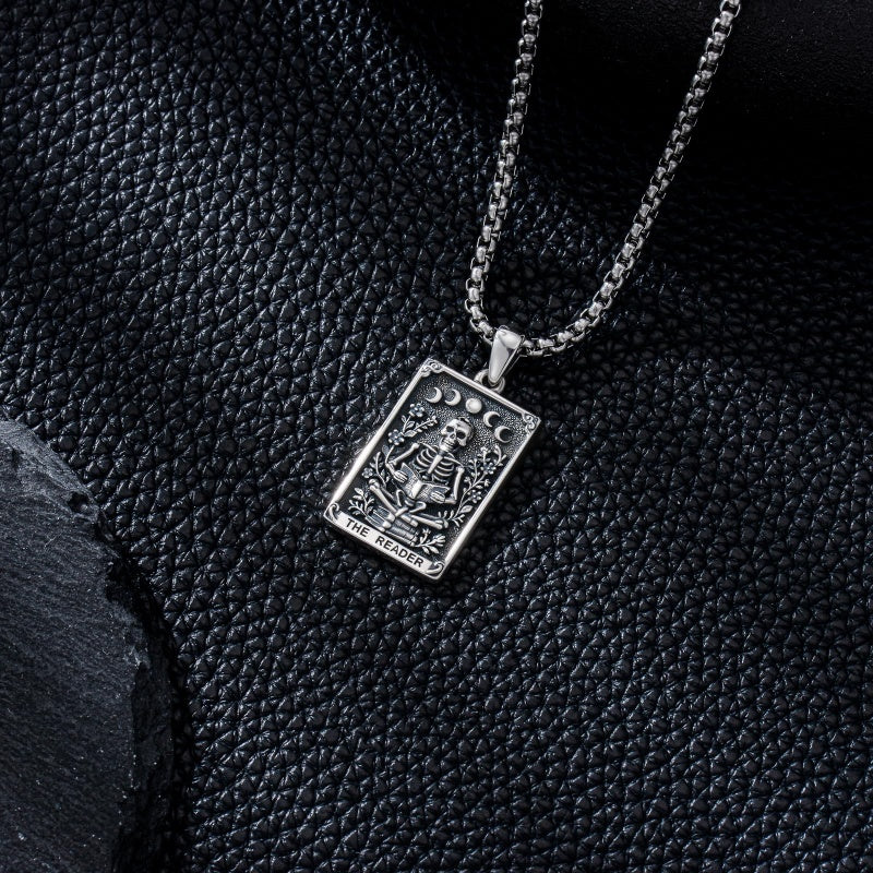 Sterling Silver Tarot Card Pendant  Necklace for Men Gothic Amulet Jewelry