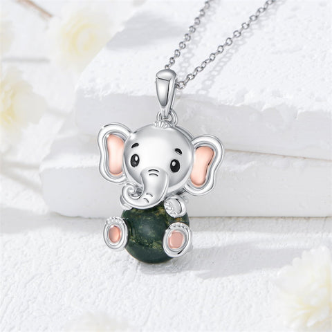 Sterling Silver Moss Agate Hippo Koala Elephant Teddy Bear Pendant Necklace