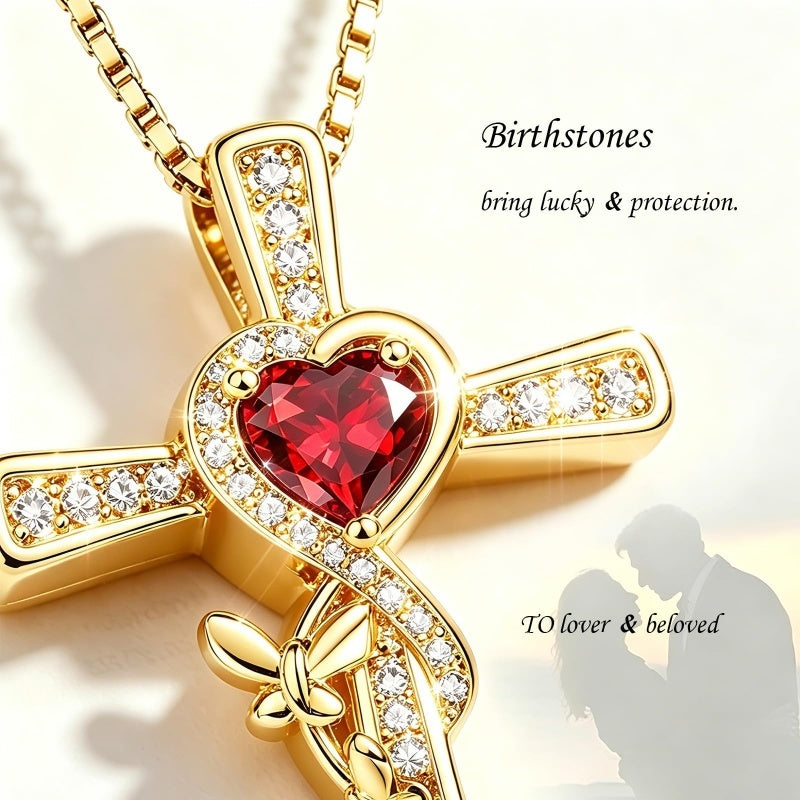 14K Gold Plated Birthstone Butterfly  Cross Pendant Necklace Anniversary Birthday for Her