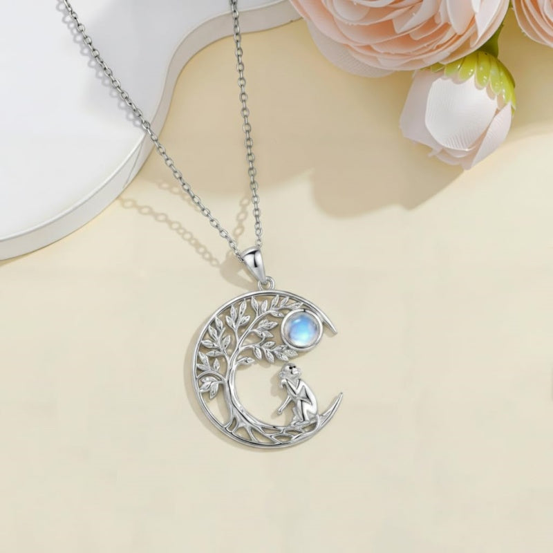 Sterling Silver Moonstone Tree of Life Wolf Cat Fox Rabbit Monkey Pendant Necklace Gift for  Birthday Christmas