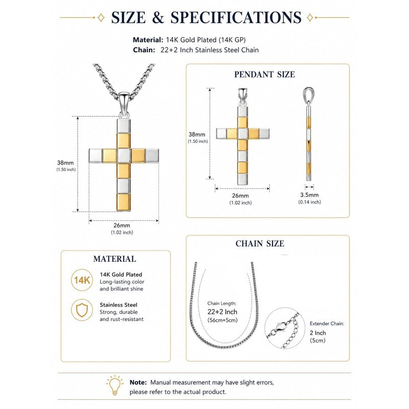 14K Gold Plated Two Tone Cross Pendant Necklace Christian Jewelry Religious Gift