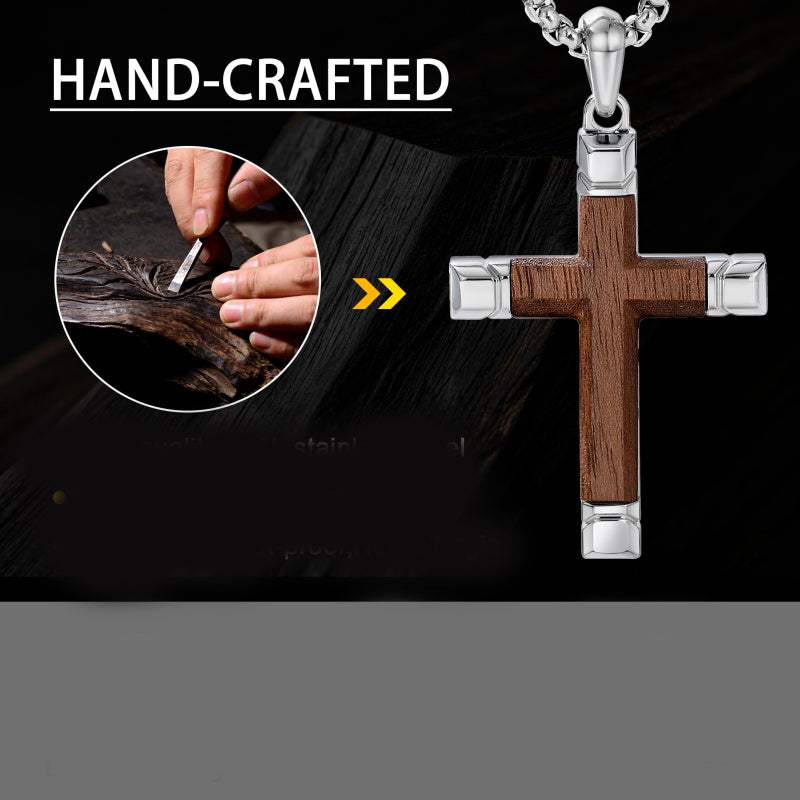 14K Gold  Plated Wooden Cross Crucifix Pendant Necklace for Men