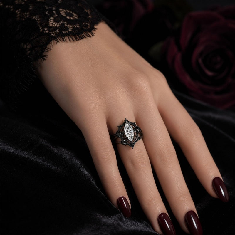 Sterling Silver 10K 14K 18K Gold Moissanite Gothic Black  Engagement Wedding Ring  for Women