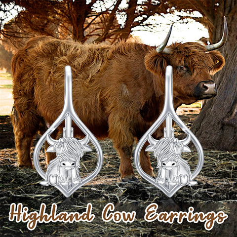 Sterling Silver Highland Cow Dangle  Leverback Earrings