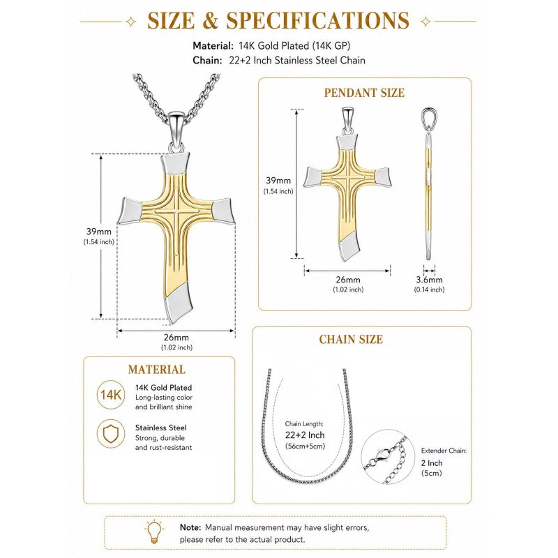 14K Gold Plated Two Tone Cross Pendant Necklace Christian Jewelry Religious Gift