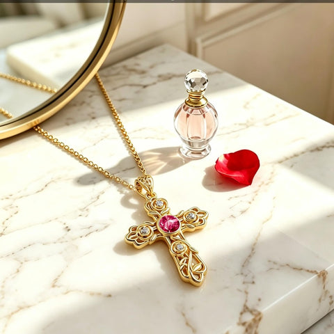 14K Gold Plated Round Cubic Zirconia Filigree Rose Cross Necklace for Women