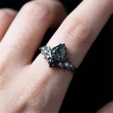 Sterling Silver 10K 14K  18K Gold Personalized Engraved Moss Agate Gothic Promise Wedding Engagement Black Ring Set
