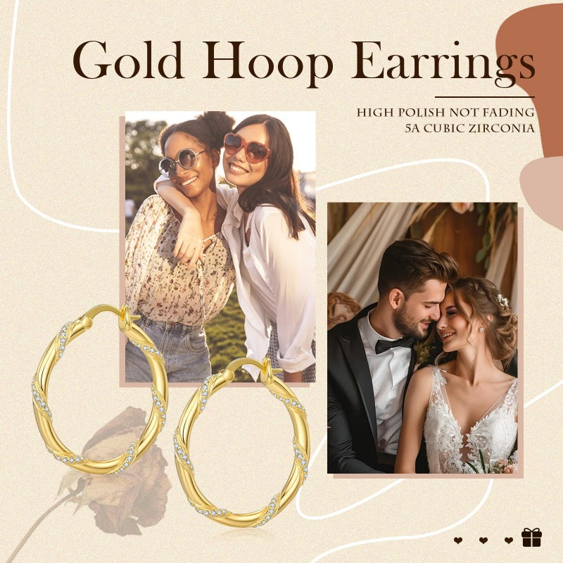 14K Gold Plated Cubic Zircon Hoop Earrings for Women