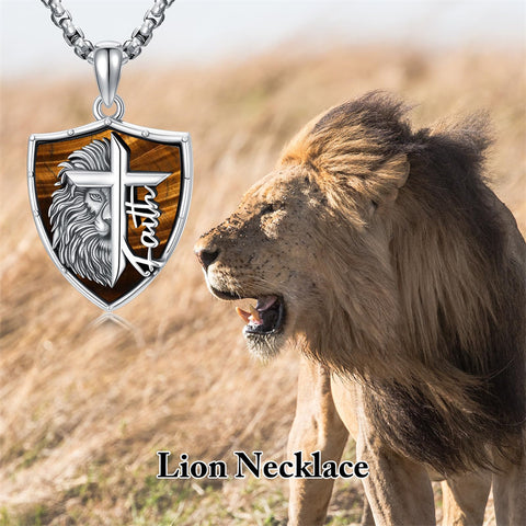 Sterling Silver Faith Bible Lion Pendant Necklace for Men