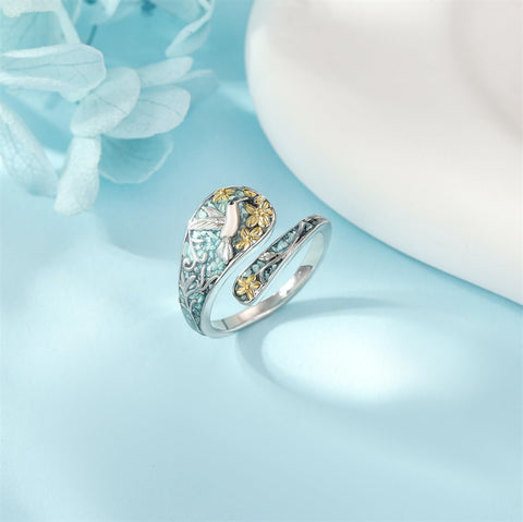 Sterling Silver Turquoise Hummingbird Butterfly Sunflower Adjustable Spoon Ring