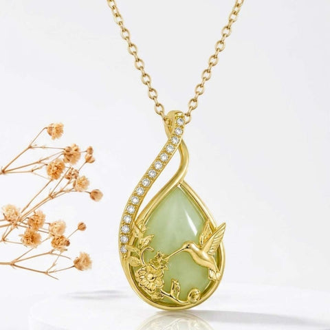 14K Gold Plated Jade Hummingbird Butterfly Dragonfly Turtle Animal Pendant Necklace