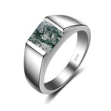 Sterling Silver 10K 14K 18K Gold Personalized Engraved Moss Agate Men's Wedding Ring Engagement Ring