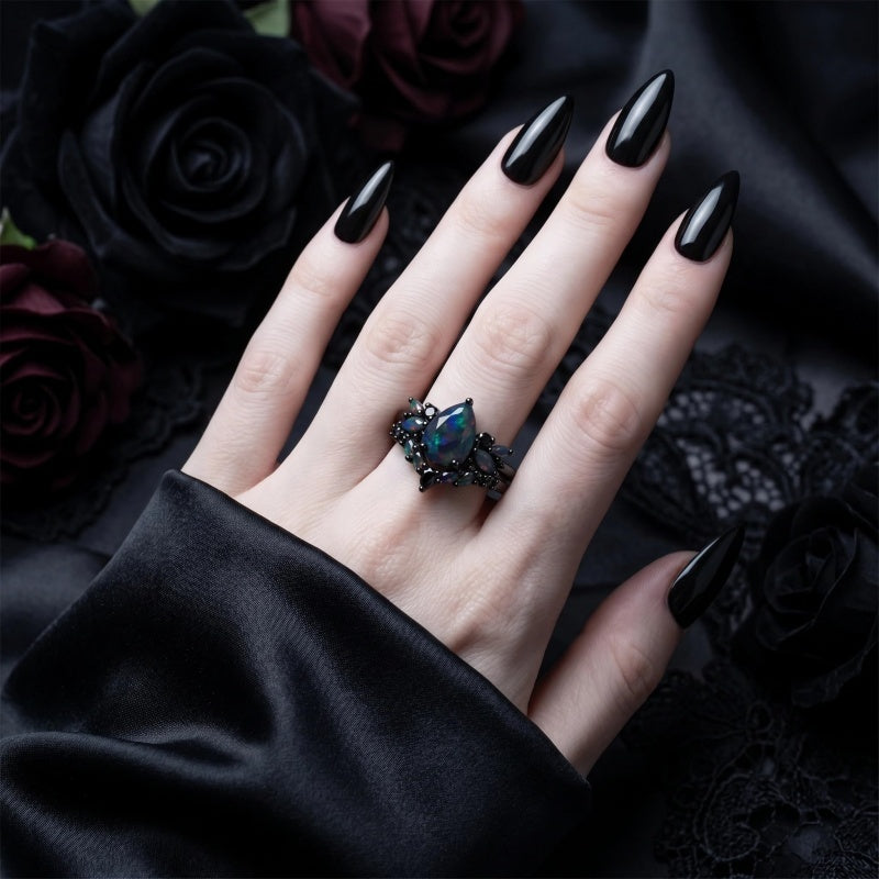 Sterling Silver 10K  14K  18K  Gold Personalized Engraved Black Opal Engagement Wedding Promise Ring for Her