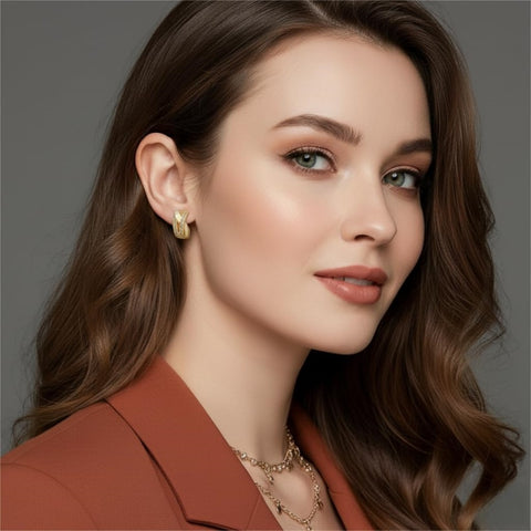 14K Gold Plated Cubic Zirconia X-shaped Thick Small Hoop Earring