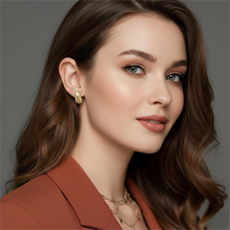 14K Gold Plated Cubic Zirconia X-shaped Thick Small Hoop Earring
