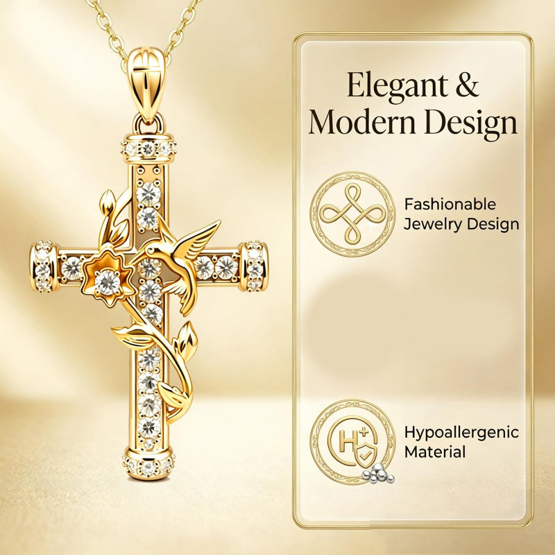 14K Gold Plated Cubic Zirconia Hummingbird Cross Necklace for Women Inspirational Jewelry Birthday Gift