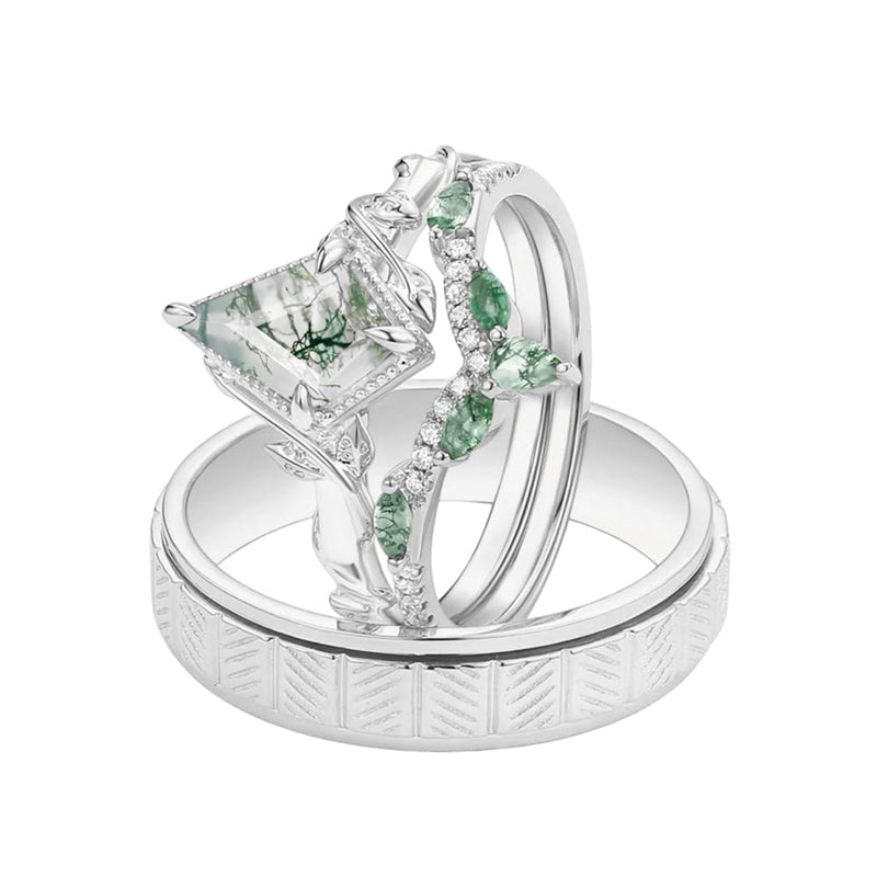 Sterling Silver10K 14K 18K Gold Natural Moss Agate Branch Leafy Engagement Ring Set For Couples