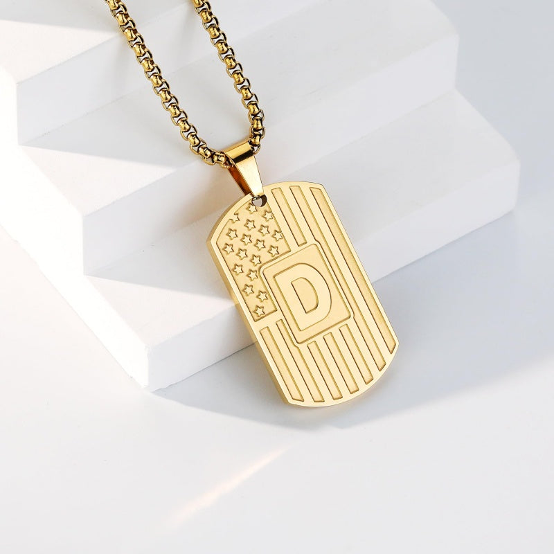 14K Gold Plated Initial A-Z American Flag Dog Tag Necklace for Men