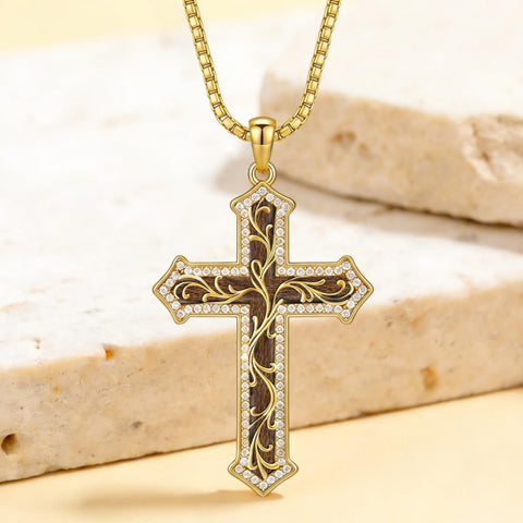 14K Gold Plated Turquoise  Abalone Shell Malachite Wood Filigree Cross Pendant Necklace