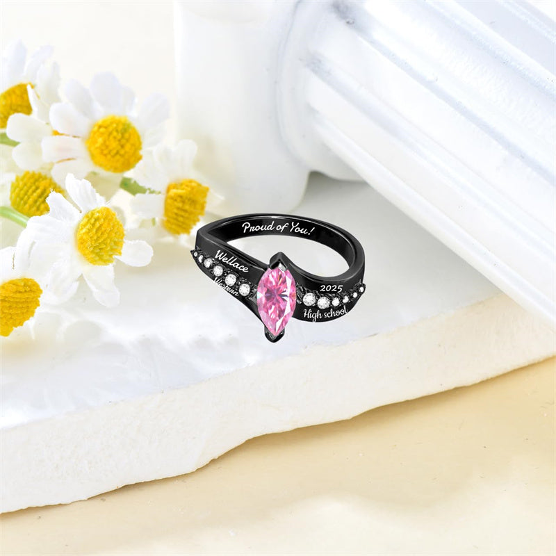 Sterling Silver Marquise Birthstone Personalized Engraved Class Ring For Women