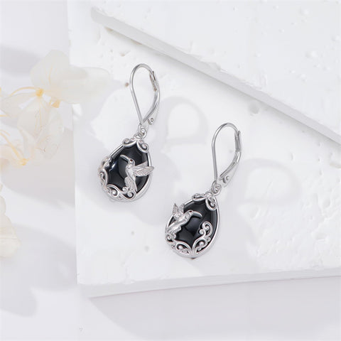 Sterling Silver Filigree Black Onyx  Bee Hummingbird Leverback Earrings