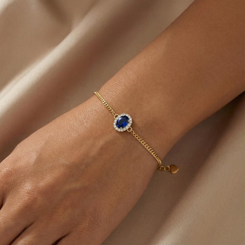 14K Gold Plated Halo Oval Birthstone Cuban Chain Bracelets for Her