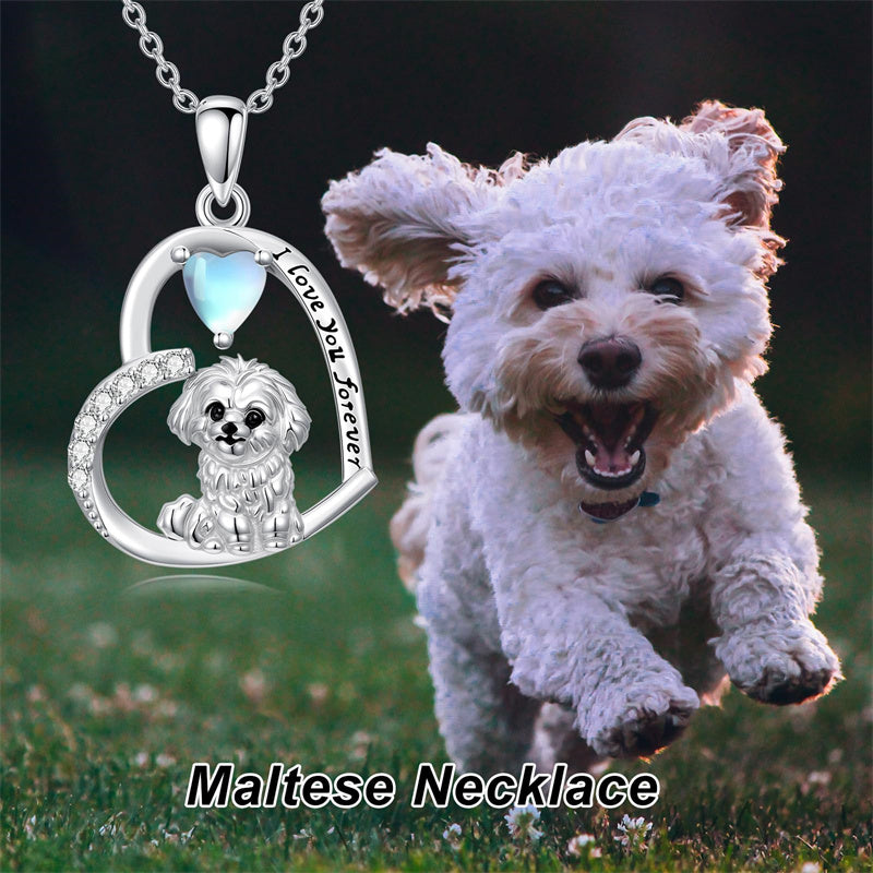 Sterling Silver Moonstone Pug Chihuahua Poodle German Shepherd Maltese Pendant Necklace Engraved wth I Love You Forever